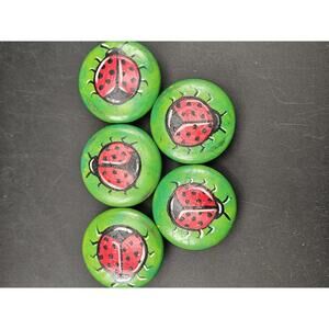 5 Handpainted Ladybug Wood Knobs Wall Pegs or Drawer Pulls (No Screws) Lot 2